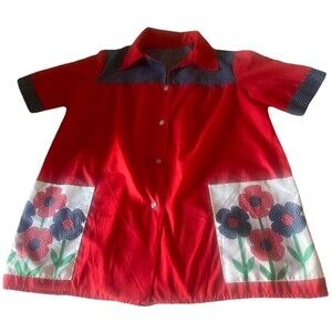 1960s Smock Top W/ Flowered Pockets Retro Size Med. Red /Blue